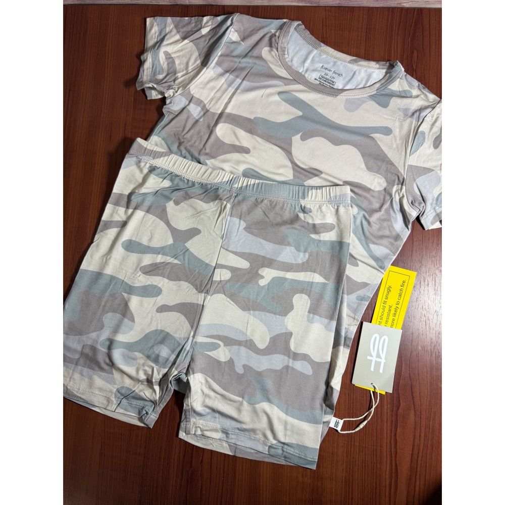 Forever French Kids Bamboo Short Set Camo 2pc Pajamas Tan Grey Size 10/12 NEW